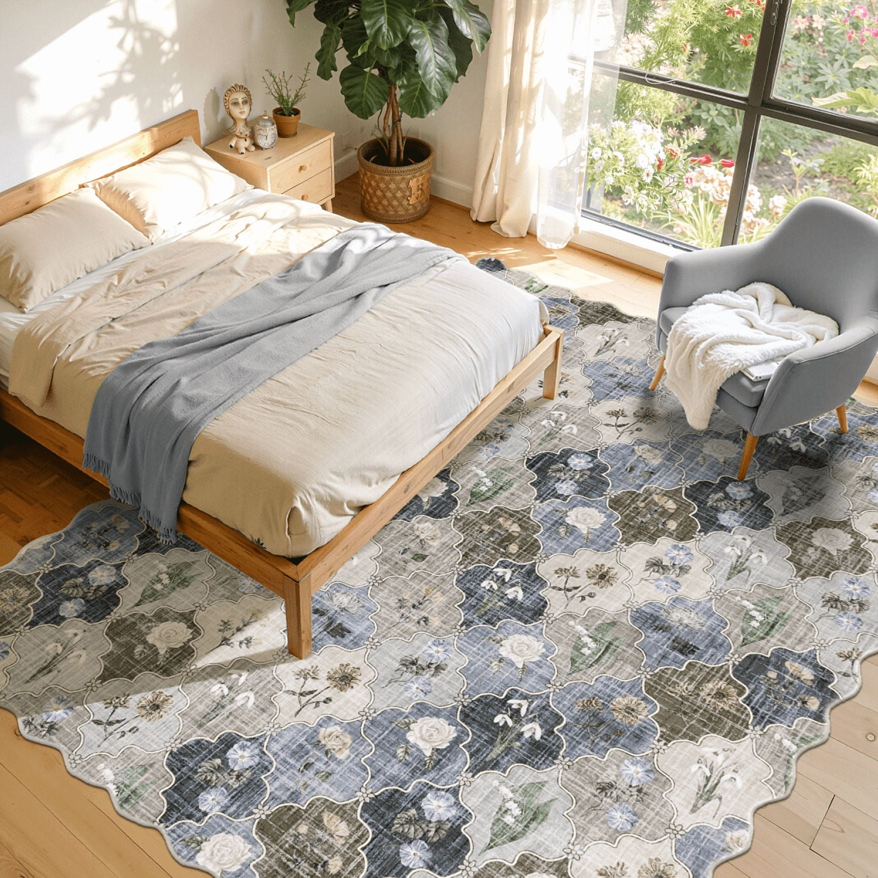 MJIAexp 8x10 Floral Moroccan Washable Area Rugs for Living Room,Soft Bedroom Large Rug,Non Slip Dining Room Rug, Stain Resistant Boho Rugs Easy Clean Throw Carpet for Office