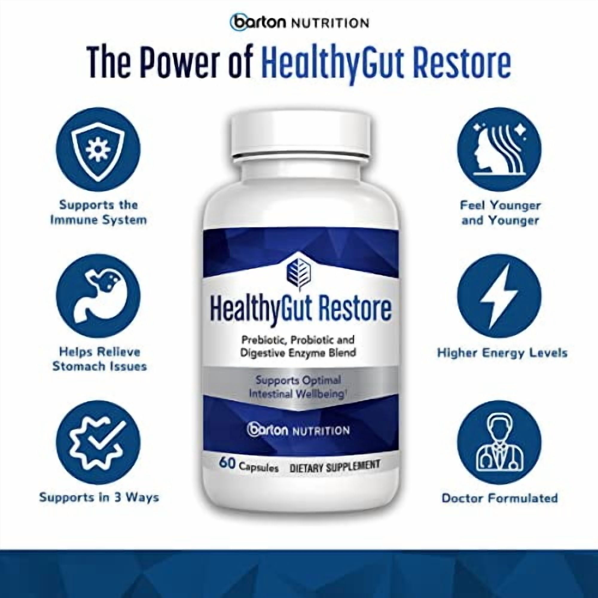 HealthyGutSupport+ - Gut Health and Immunity Support with Prebiotics, Probiotics and Digestive Enzymes for Digestion and Absorption - 60 Doctor-Formulated Stomach Health Capsules