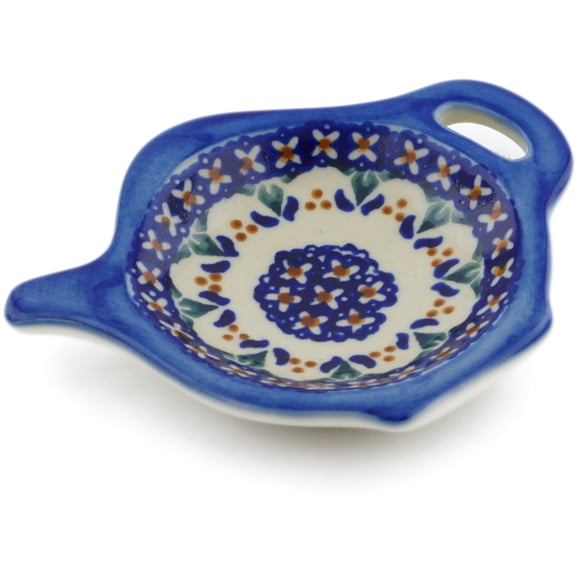 Polish Pottery 4¼-inch Tea Bag or Lemon Plate (Blue Cress Theme) Signature UNIKAT Hand Painted in Boleslawiec, Poland Certificate of Authenticity
