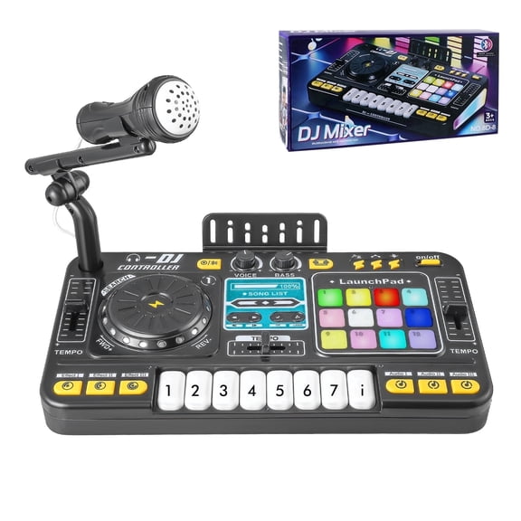 Doulami DJ Mixer Controller Table For Kids with Microphone Lights, Interactive Musical Wireless Bluetooth ,Multi-function Audio Mixer for Beginners
