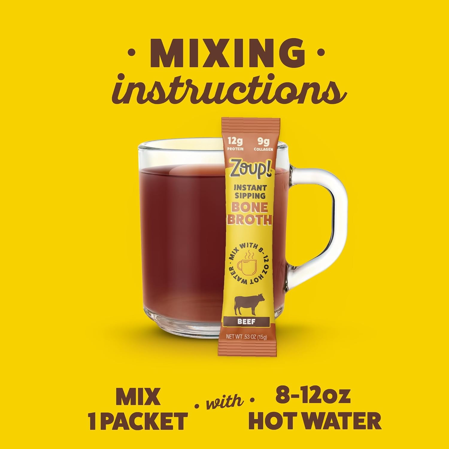 Zoup! Instant Sipping Bone Broth Mix - 12 Grams of Protein - Non-GMO - Bone Broth Protein Powder Packets To Go - Beef, .53 oz. (Pack of 20)&nbsp;