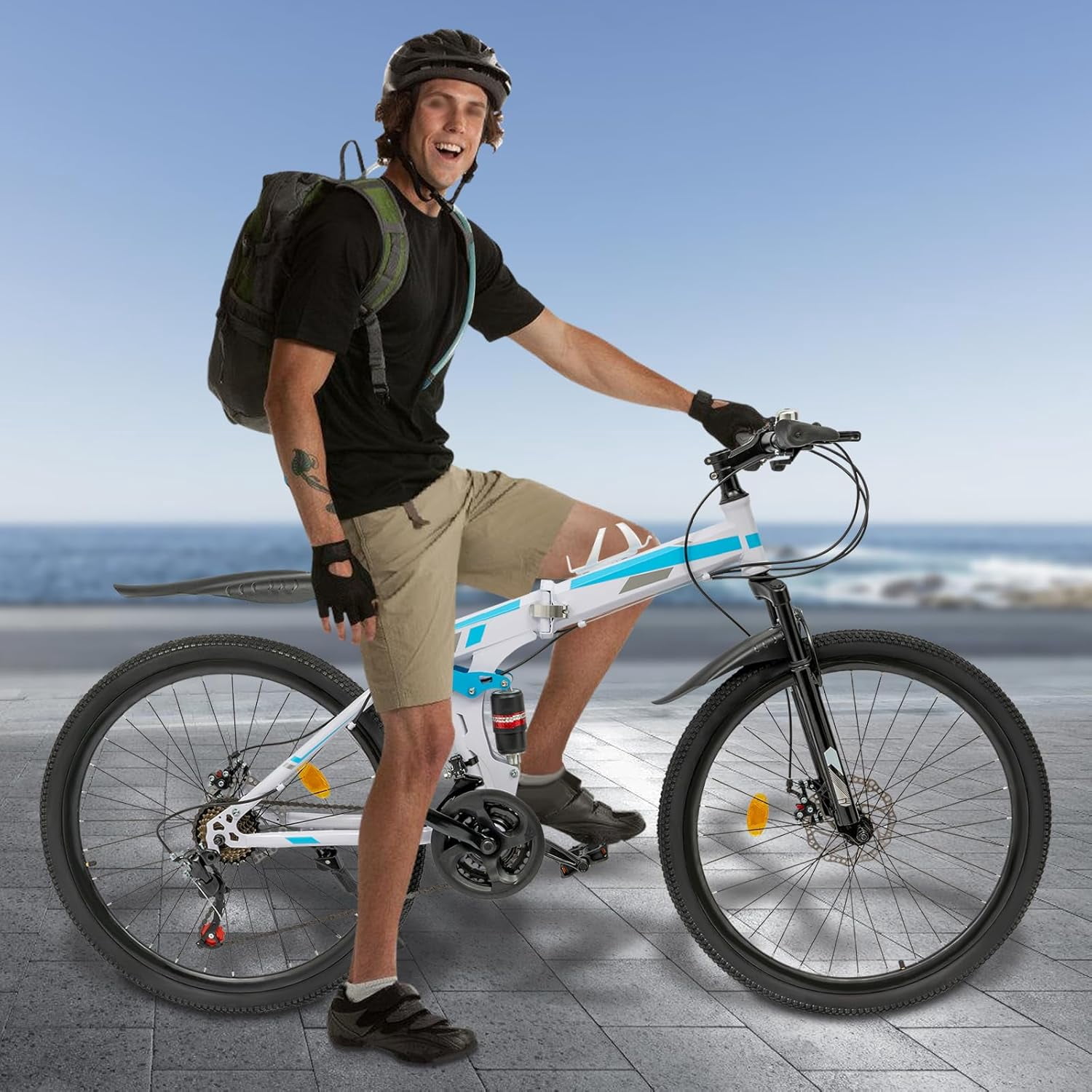 26 Inch Foldable Mountain Bike, 21 Speed Folding Mountain Bike with Double Shock Effect, Full Suspension Powerful Mechanical Dual Disc Brakes, Unique Design and Ergonomic Frame & Cushion