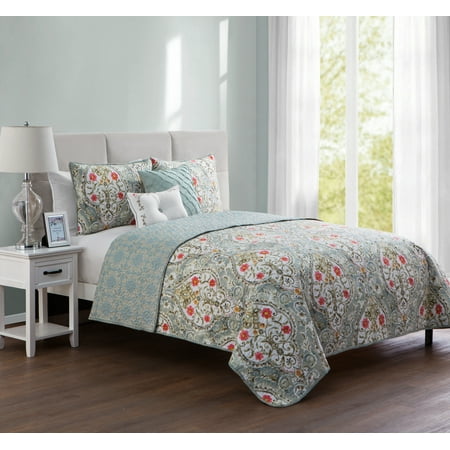 Decorative Pillow Set Bedding - VCNY Home Blue Evangeline 4/5 Piece Reversible Bedding Quilt Set, Shams and Decorative Pillows Included