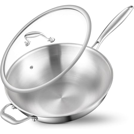 13 Inch Stainless Steel Wok Pan with Lid and Side Handle, Tri-Ply Construction, Induction Compatible