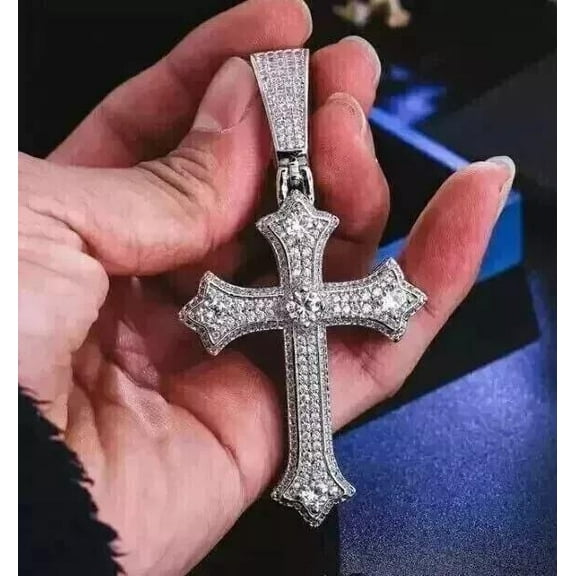 1.80Ct Round Cut Real Moissanite Cross Men's Charm Pendant 14K White Gold Plated