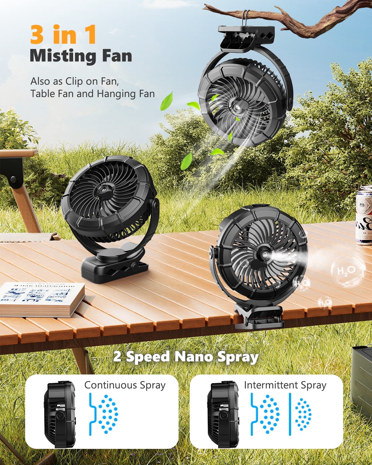JINLICTE Portable Misting Clip on Fan with 5200mAh Battery, 3 Speeds & LED Light - 360° Rotation Mist Cooling Fan for Stroller, Camping, Outdoor Use - Rechargeable