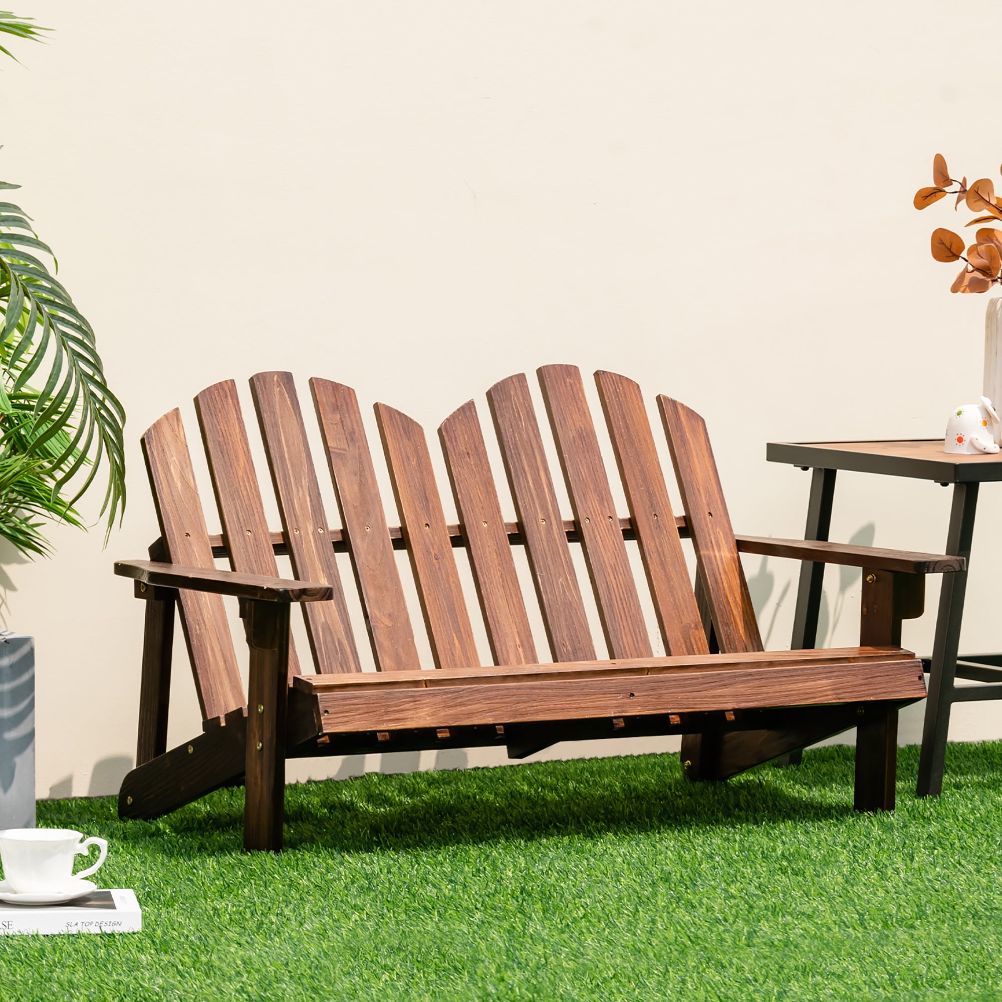 Costway 2 Person Adirondack Chair Kid Solid Wood Loveseat Backrest Arm Rest Patio Coffee