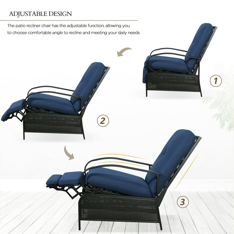 Ulax Furniture Patio Recliner Chair Adjustable Back Outdoor Lounge Olefin Cushion Navy Blue