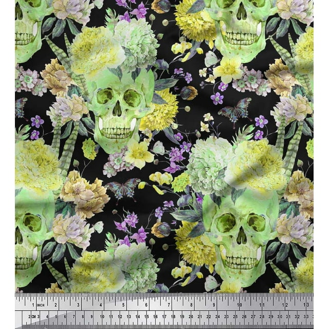 Soimoi Green Poly Georgette Fabric Insect,Skull & Flower Print Sewing Fabric BTY 52 Inch Wide