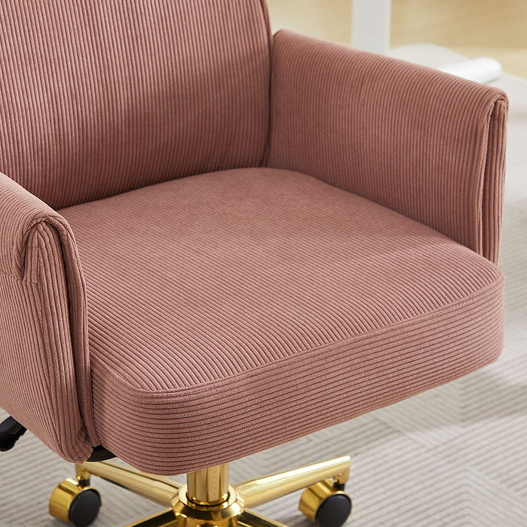 S-HOME Ergonomic Mid-Back Liftable Office Chair in Striped Fabric with Golden Base and Memory Foam Cushion , Light Pink