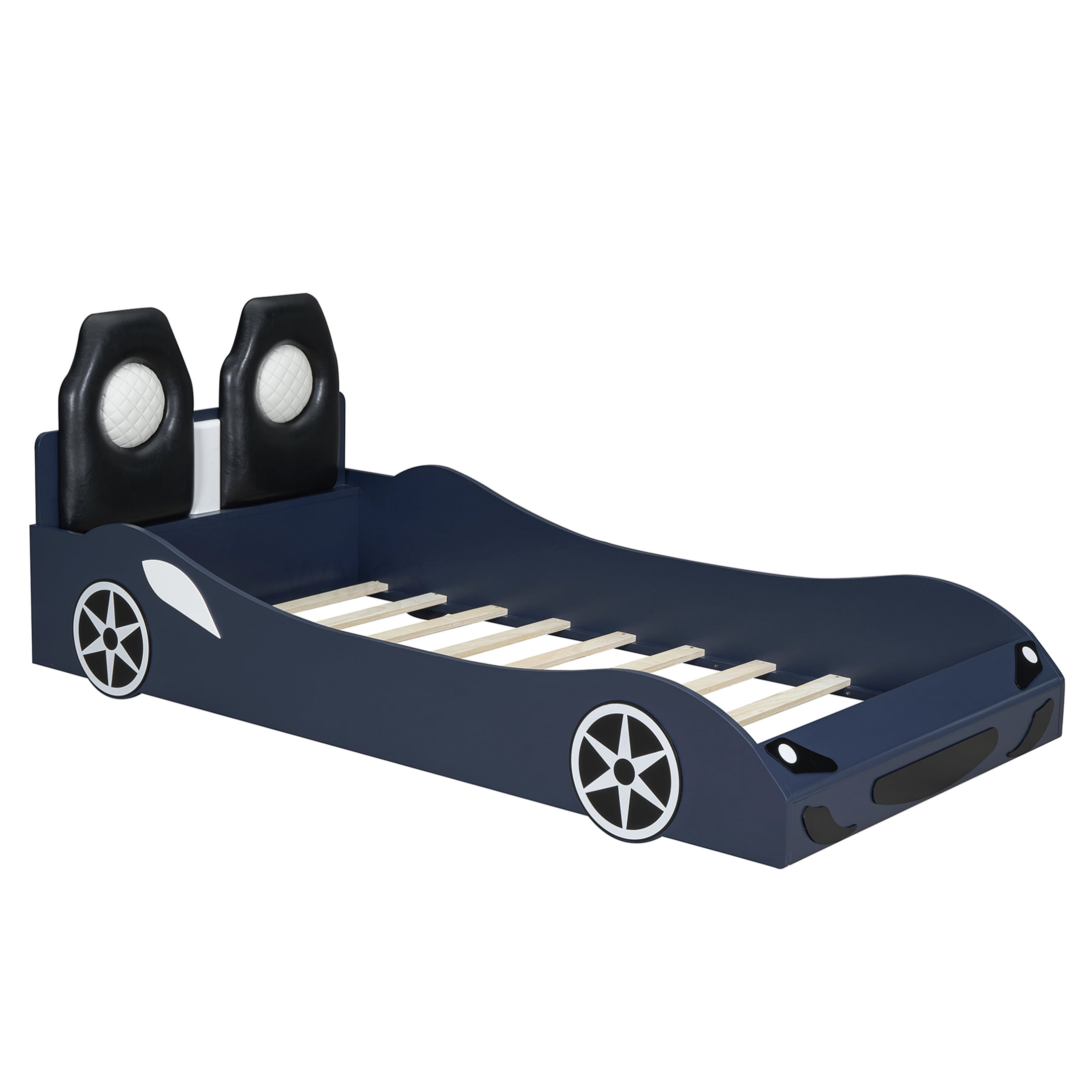 CHAMPFLAG Blue LED Race Car Bed, Twin Size PU Leather Platform Bed with Mood Lighting, No Box Spring Required