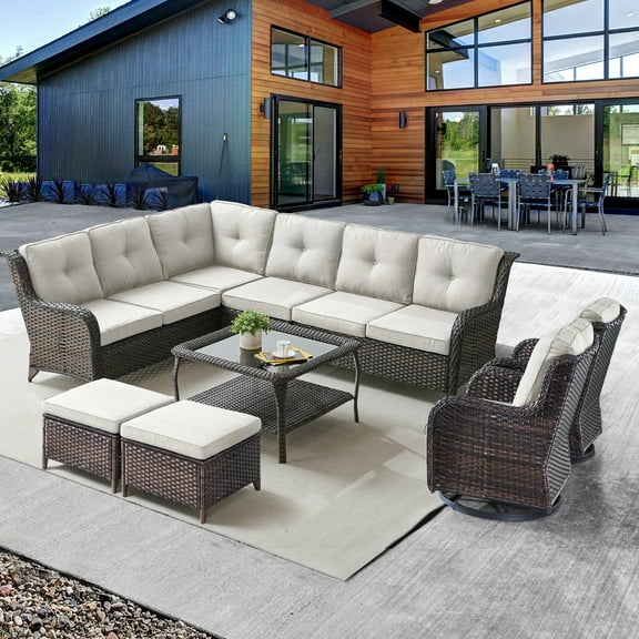 POCASSY 7PCS Patio Furniture Set with Swivel Chairs, All Weather Wicker L Shape Outdoor Sectional Sofa Set with Swivel Chairs, Ottomans, Coffee Table