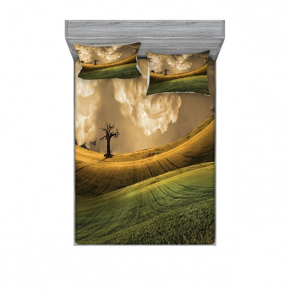 Ambesonne Colorful Fitted Sheet & Pillow Sham Set, Landscape Sky Tree, Queen, Multicolor