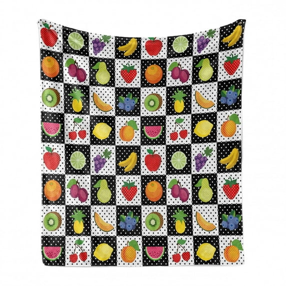 Black and White Soft Flannel Fleece Throw Blanket, Kitchen Fruits and Vegetables Nature with Dots Chess Squares Art Design, Cozy Plush for Indoor and Outdoor Use, 60" x 80", Multicolor, by Ambesonne