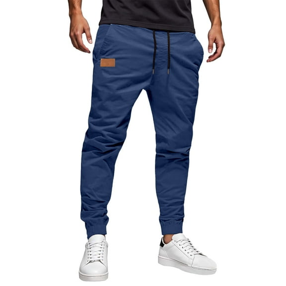 Mens Casual Cargo Joggers - Cotton Drawstring Chino Pants Hiking Outdoor Twill Track Jogging Sweatpants, Blue, Size L