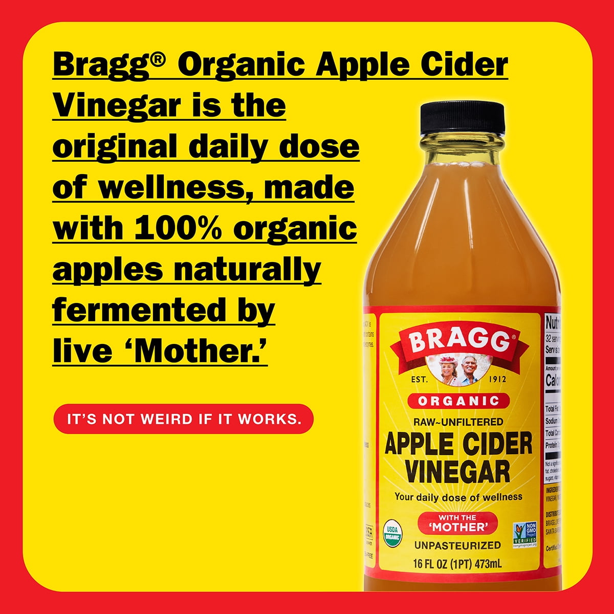 (12 pack) Bragg Organic Apple Cider Vinegar with the Mother, Raw and Unfiltered, 16 fl oz