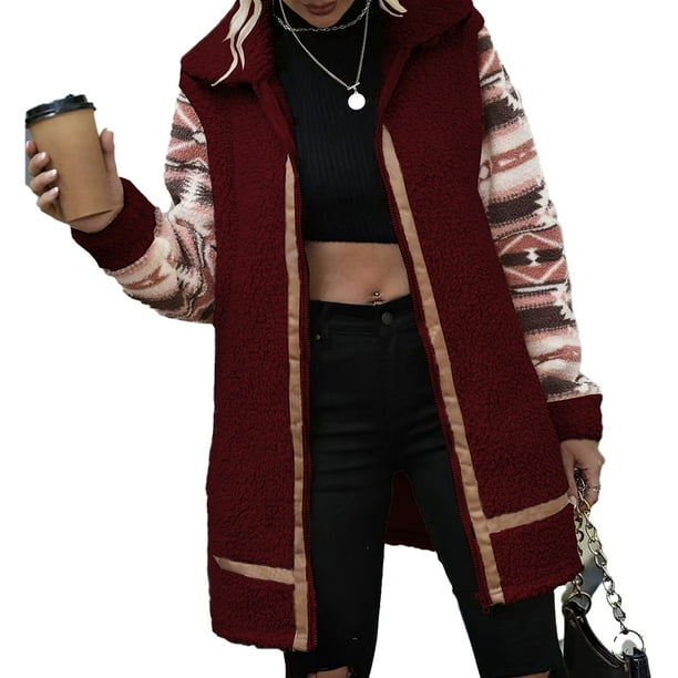 Chaqueta de forro polar borroso para mujer, estampado de bloques de color, manga larga, cuello vuelto, abrigo con cremallera, prendas de vestir con bolsillo, color rojo azufaifo XL