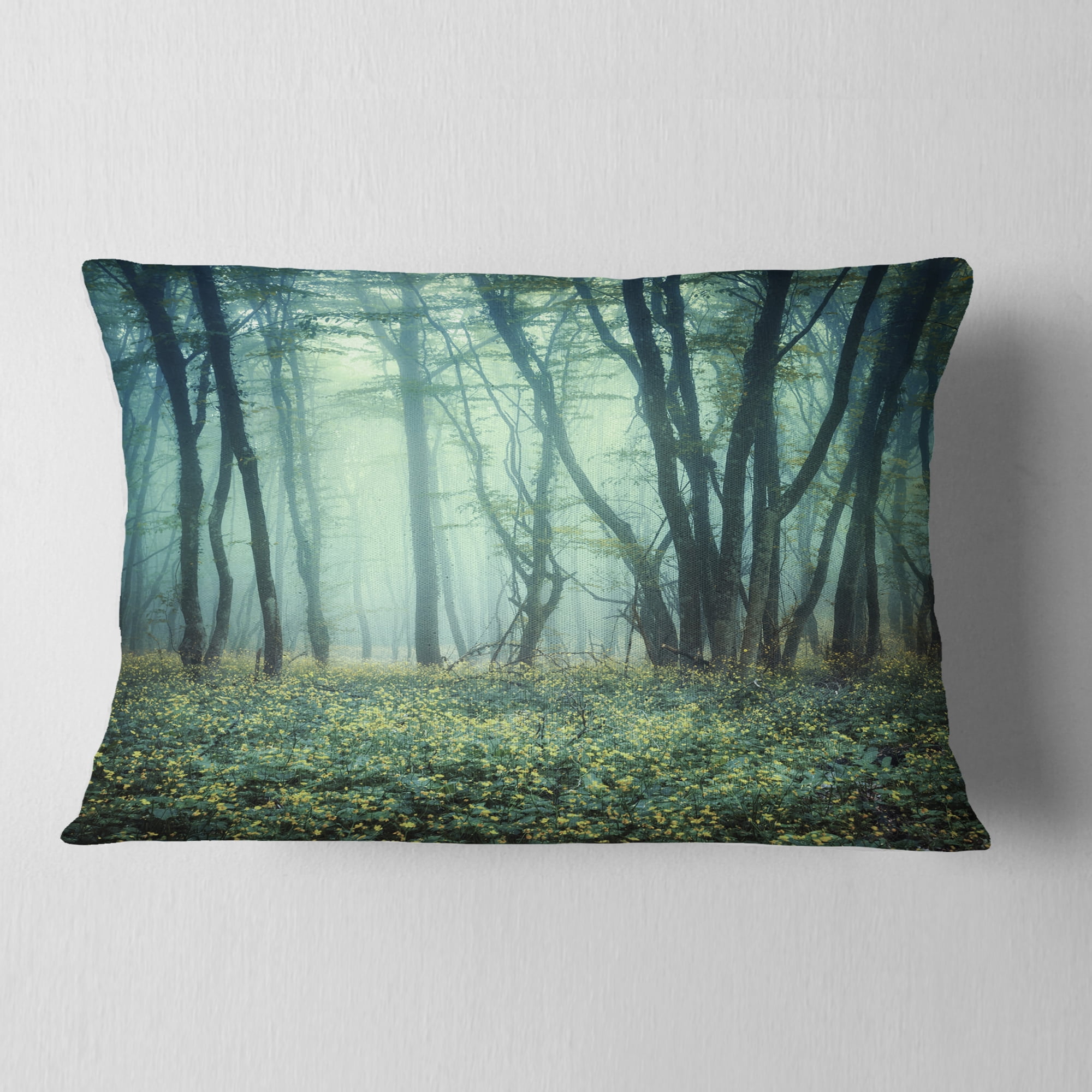 Designart Trail Through Foggy Forest - Landscape Photo Throw Pillow - 12x20