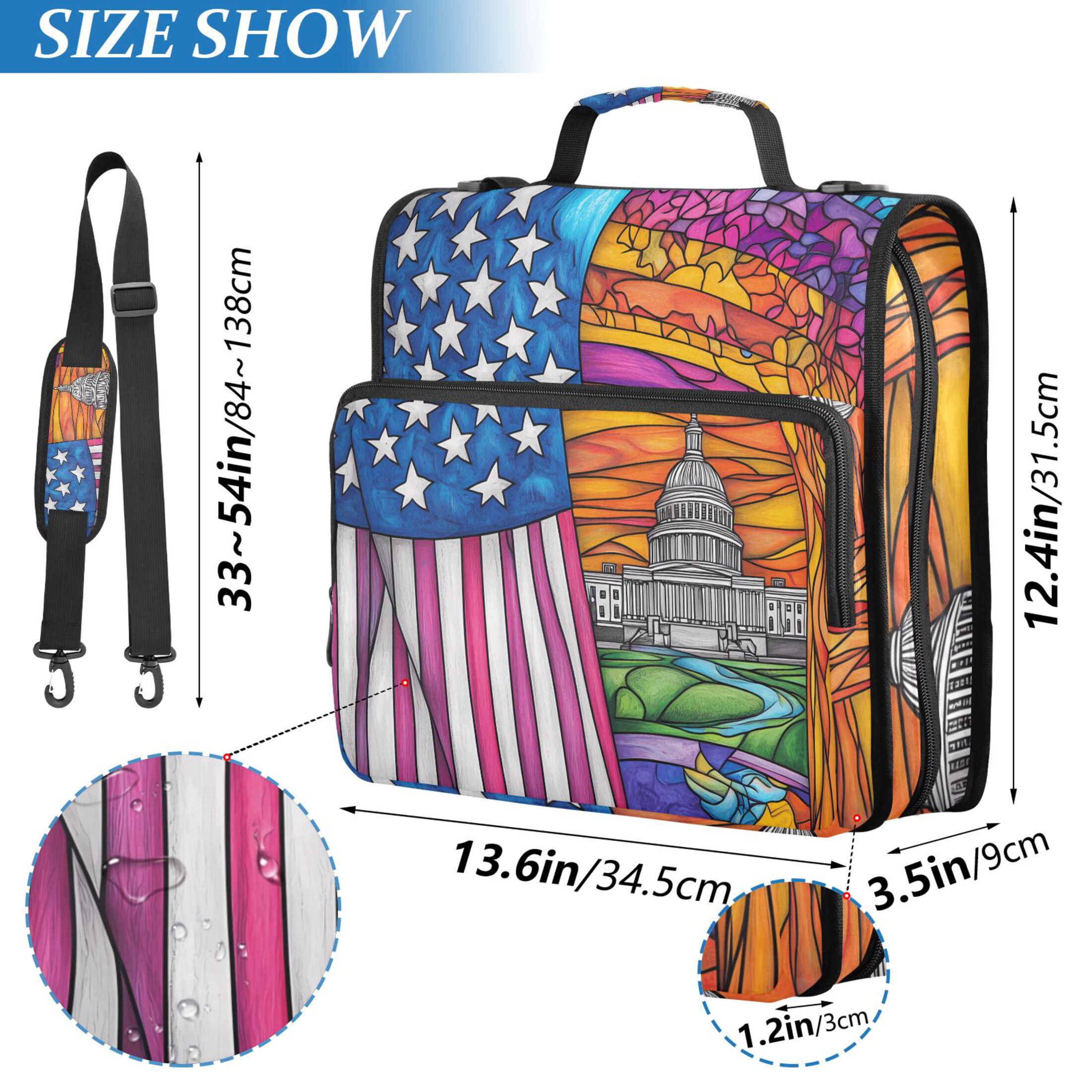 3 Ring Zipper Binder with Shoulder Strap Waterproof Trapper Keeper 2 Inch D-Ring 500 Sheets Capacity American Flag and White House