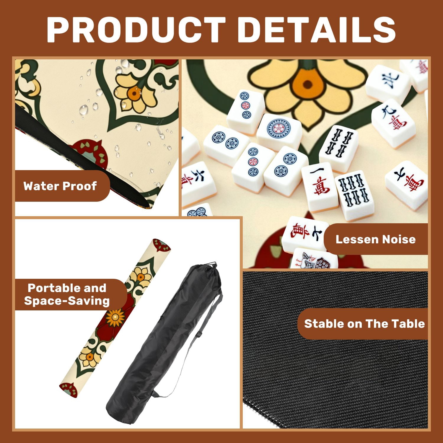 Mahjong Mat 31.5" x 31.5" Ornate Floral Mandala Red Yellow Green Symmetrical Design Non-Slip Noise Reduction American Mahjong Tiles Table Cover for Dominoes Poker Card Board Games Gift