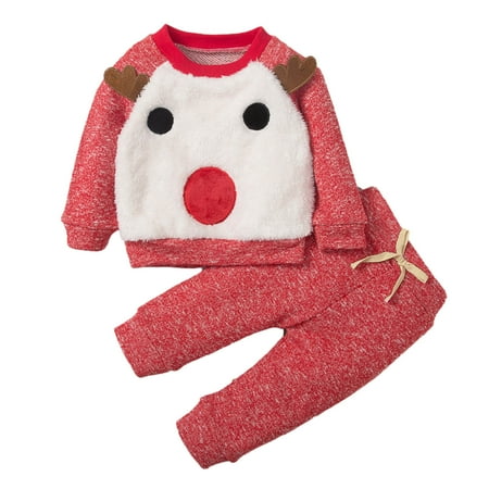 

Honeeladyy Christmas Autumn And Winter New Red Cute Deer Suit Baby Home Service Two-piece Suit Red