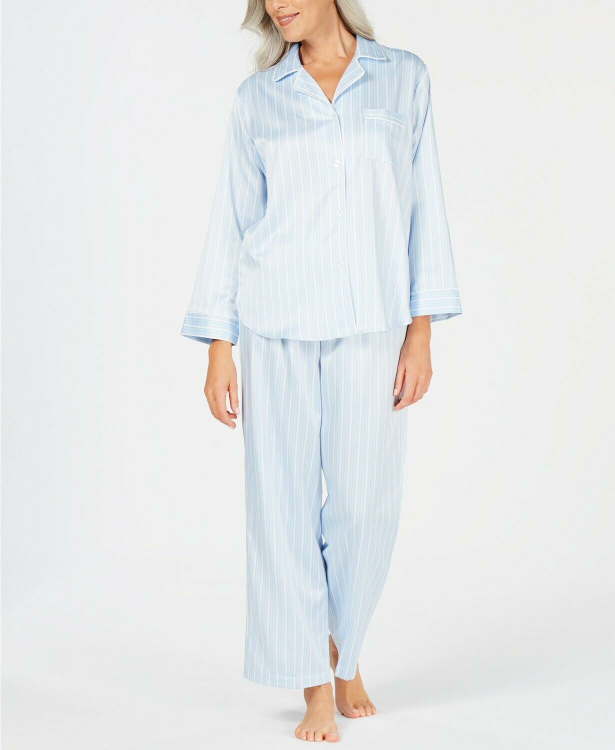 Miss Elaine Women's Woven Striped Printed Brushed-Back Satin Pajama Set ...