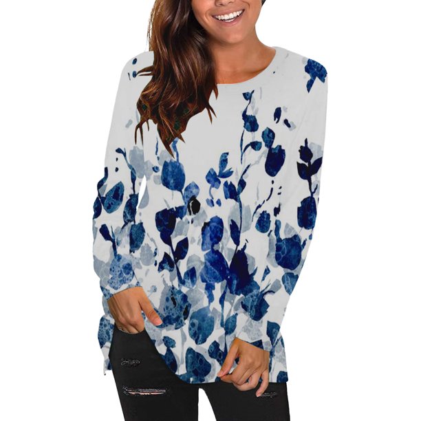 Tops de cuello redondo transpirables cómodos de manga larga con estampado de moda para mujer Pompotops FGAJ9695