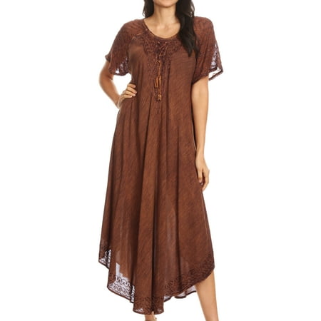 Embroidered Eyelet Gown - Sakkas Helena Embroidered Nightgown / Women Sleepwear with Eyelet Sleeves - Chocolate - One Size Regular