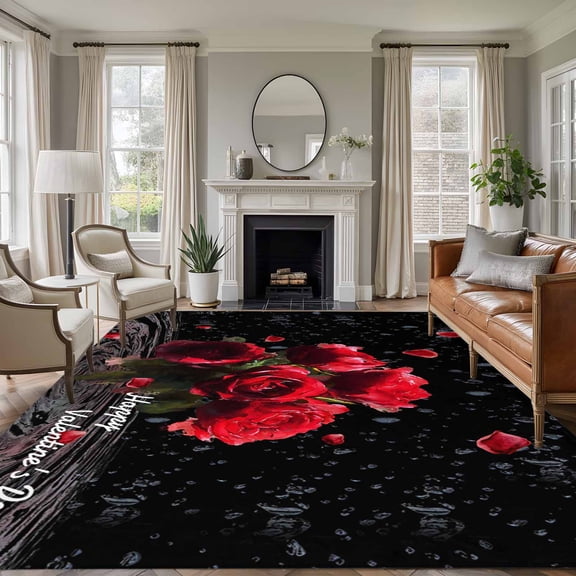 Rectangle Area Rugs 5 x 7 Ft, Red Roses Non-Slip Residential Carpet, Valentines Day Romantic Petal Floral Black Indoor Crawling Mats Runner Rugs for Living Room/Dining Room/Bedroom