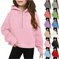 thumbnail image 5 of Moxiu Girls Half Ziper Collar Cropped Hoodies Kids Long Sleeve Fleece Zip Up Pullover Sweatshirts with Pocket Thumb Hole Dark Gray,7 Years, 5 of 5
