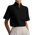 thumbnail image 2 of Women's Solid V-Neck Work Blouse Short Sleeve Stand Collar Business Casual Office Shirt, 2 of 7