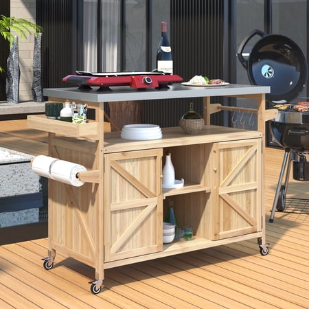 50.25" Outdoor Kitchen Island, Rolling Bar Cart & Storage Cabinet, Wood Outdoor Grill Table with Stainless Steel Top for Kitchen & Barbecue, Natural