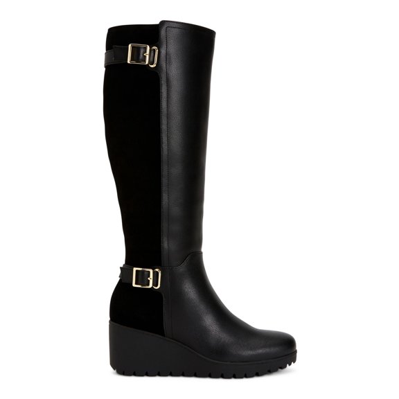GIANI BERNINI Womens Black 1/2" Platform Padded Buckle Accent Wide Calf Sannaa Round Toe Wedge Zip-Up Leather Boots 8 WC