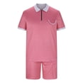 thumbnail image 3 of Cameland Two Piece Short Outfits Men Color Block Tracksuits Sport Summer Short Sleeve and Shorts Set for Men, 3 of 5