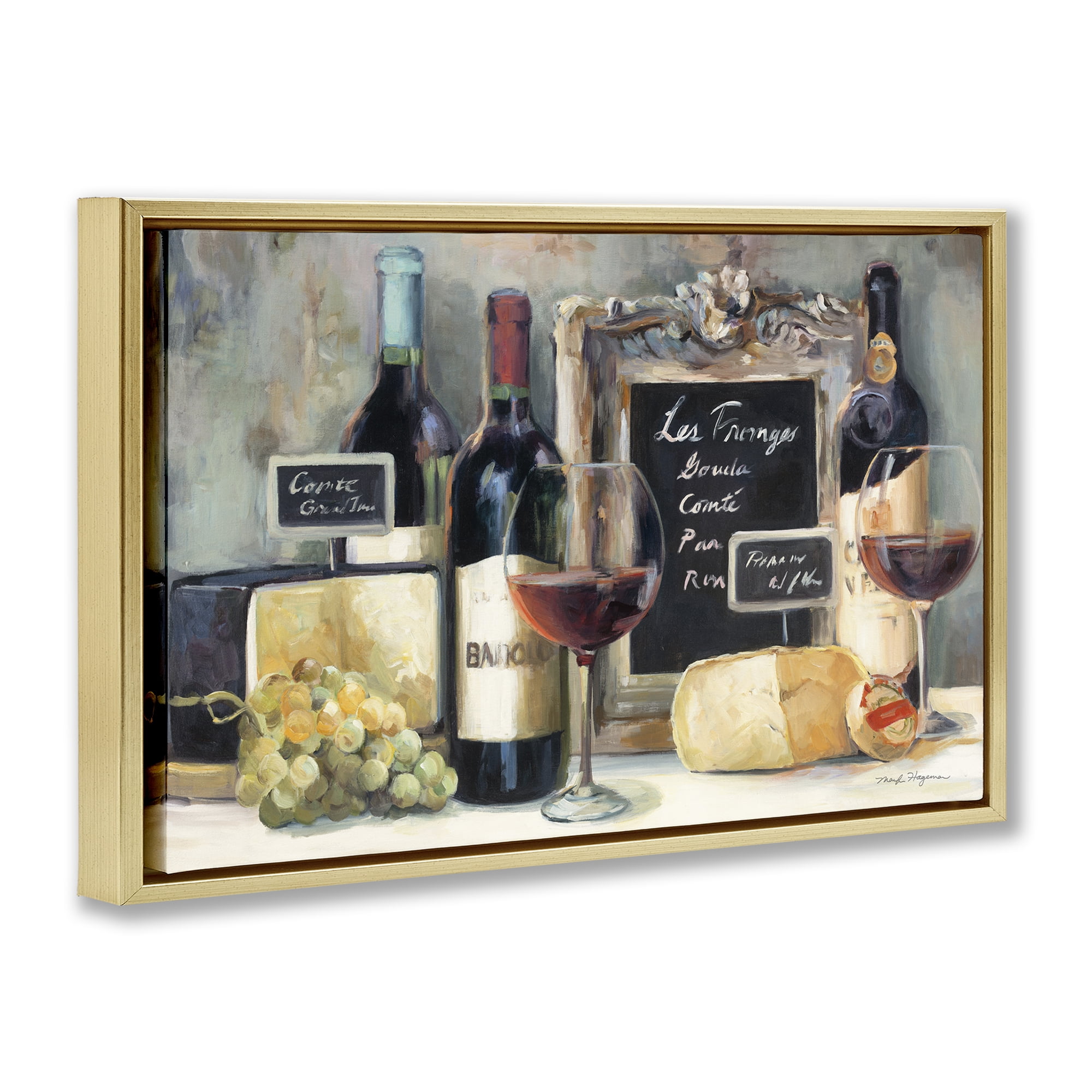 Stupell Industries Parisian Wine & Cheese Food & Beverage Painting Gold Floater Framed Canvas Art Print Wall Art, 31 x 21