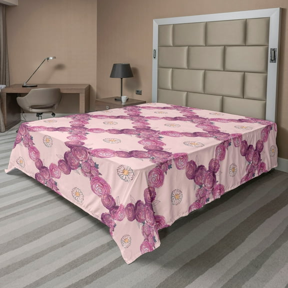 Ambesonne Floral Flat Bedding Sheet Soft Top Sheet, Checkered Rose Square Print, California King, Rose Pale Fuchsia