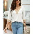 thumbnail image 4 of Women's Casual 3/4 Sleeve Shirts Lace V Neck Color Block Dressy Tops Trendy Hollow Floral Blouses T Shirts S-XXL, 4 of 13