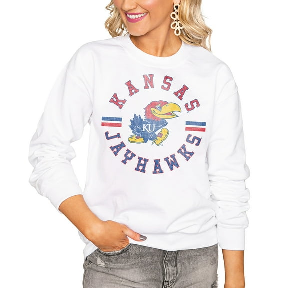 Women's Gameday Couture White Kansas Jayhawks Oversized Vintage Days Perfect Crew Sweatshirt