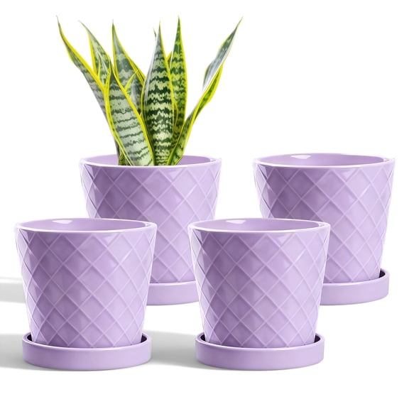 BUYMAX5 inch Ceramic Flower Pot with Drainage Hole and Ceramic Tray,Set of 4,White