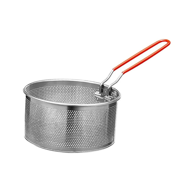 Cesta para freír aceite de acero inoxidable con mango largo ergonómico, redonda, para freír patatas fritas, ideal para el hogar, pollo, picnic y