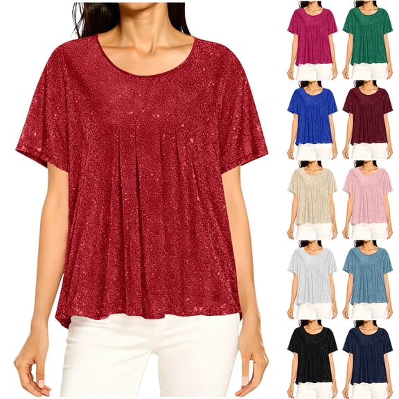 Sevevn Women's Sparkly Glitter T-Shirt Short Sleeve Loose Fit Shiny Dressy Top for Party Daily Wear Red L