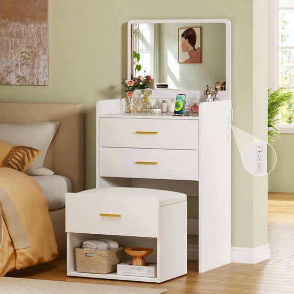 3 in 1 Vanity Desk with Flip-up Mirror, Compact Vanity with Storage Cushioned Chair for Bedroom, White