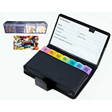 Compartment Pill Box (Black Deeper and Larger Compartments Pill Box Medicine Organizer -Soft Open Lids 7 Day Weekly Holder with Zzteck Pretty PU Leather Travel Private Booklet Large Case (Fits up to 35)