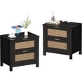 thumbnail image 2 of LAZZO Nightstand Set of 2 with Wireless Charging, Boho Rattan 2-Drawer Bedside Table for Bedroom, Black, 2 of 9