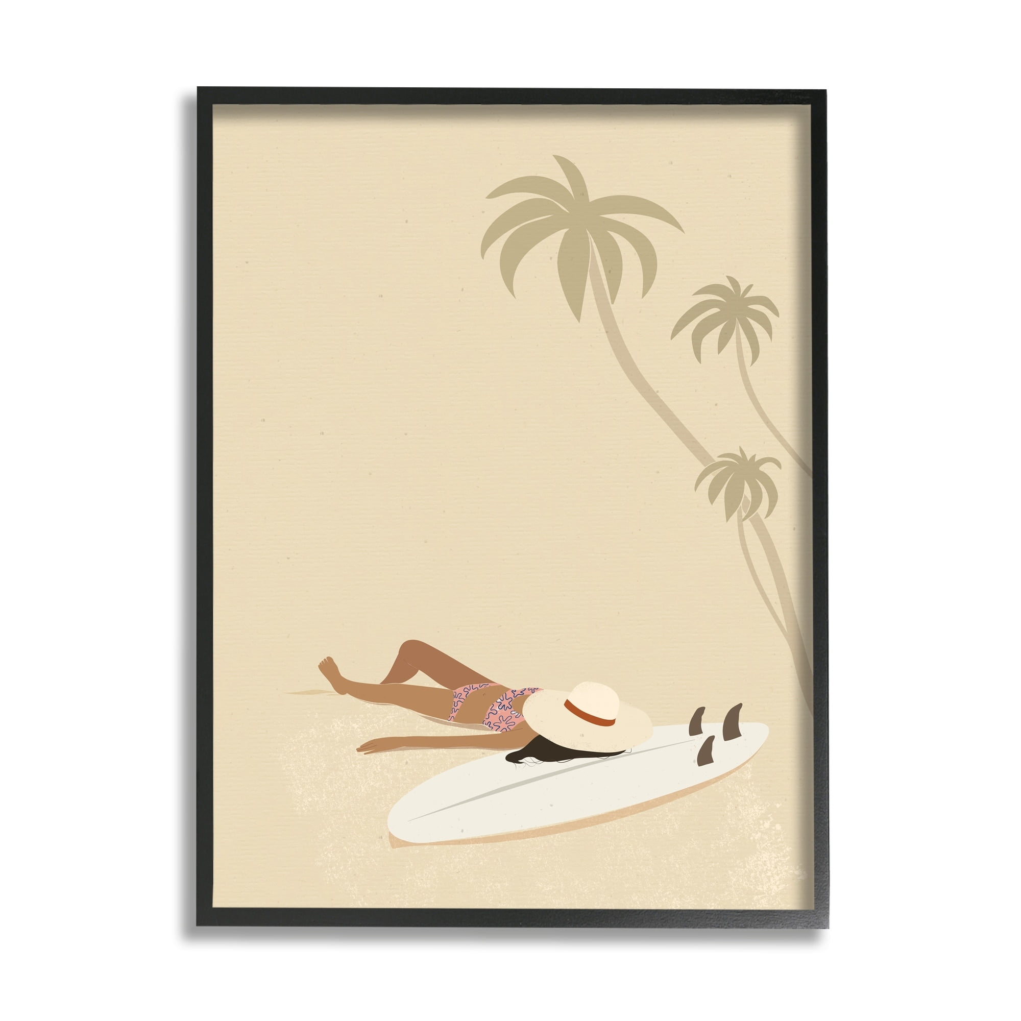 Stupell Industries Beige Summer Sunbathing Girl Coastal Painting Gray Framed Art Print Wall Art