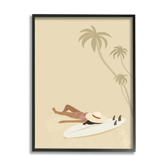 Stupell Industries Beige Summer Sunbathing Girl Coastal Painting Black Framed Art Print Wall Art