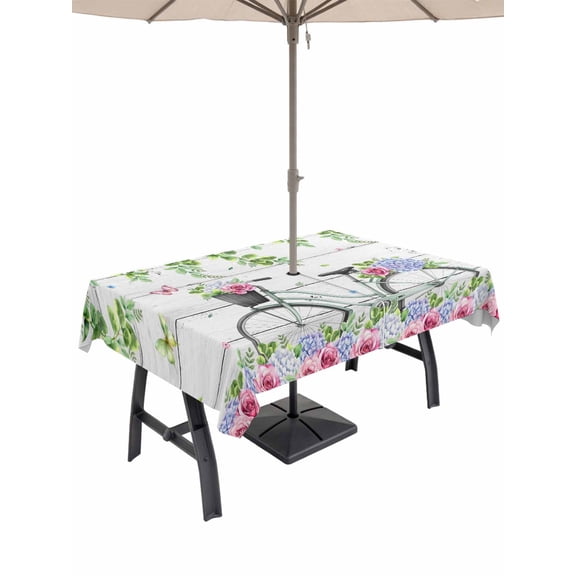 Spring Outdoor Tablecloth - 54x80 Inch Rectangle Dining Table Cover, Bicycles Botanical Rose Leaves Butterfly Wood Grain Waterproof Outdoor Table Cloth with Umbrella Hole & Zipper for Picnic/Patio