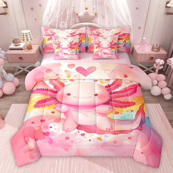 Homewish Cute Pink Axolotl Twin Bedding Sets 7-Piece for Kids Teens,Cartoon Stars Love Heart Bedding Comforter Set Microfiber,Kawaii Animal Salamander Breathable Sheet Sets,Reversible Room Decor