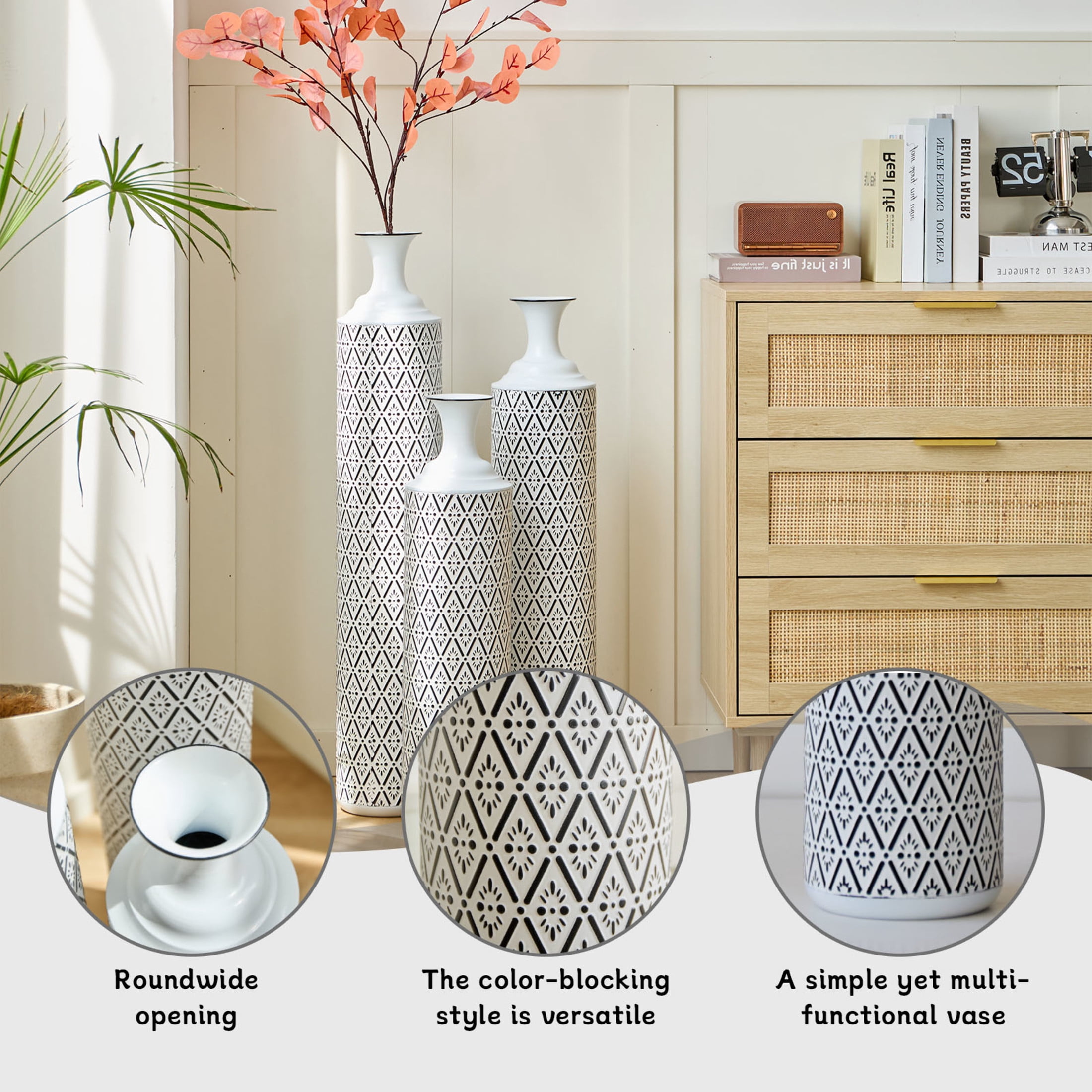 Noble House 33.85", 29.13", 24.8" Metal Floor Vase Set of 3, Geometric Pattern, White+Black
