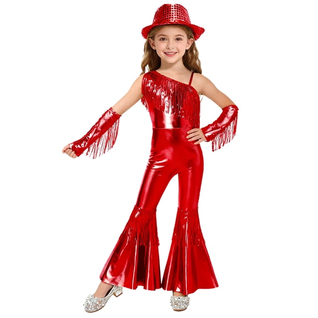 TTAO Combinaison Disco Métallique Brillante pour Filles avec Accessoires, Rétro, Franges, Danse Funky, Rouge 14